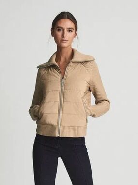 Reiss Kaleigh Knitted Hybrid Day Jacket, size 2, Camel